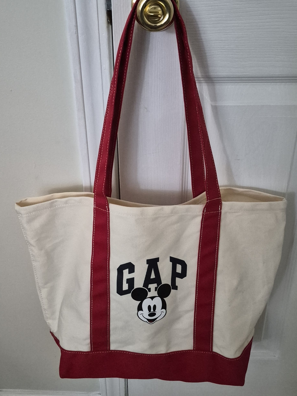 GAP Cream Canvas Tote with Red Trim and Mickey Graphic